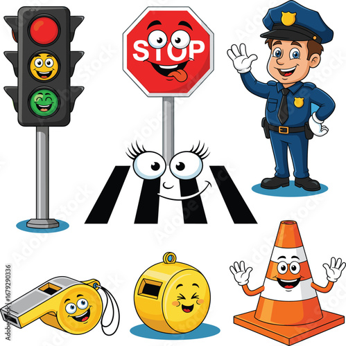 Cartoon traffic safety icons, smiling stop sign, police officer, traffic light, whistle, crosswalk, cone, road rules, vector illustration