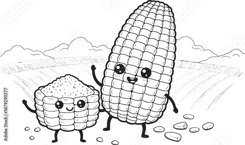 Charming cartoon corn stalks standing together in a delightful c