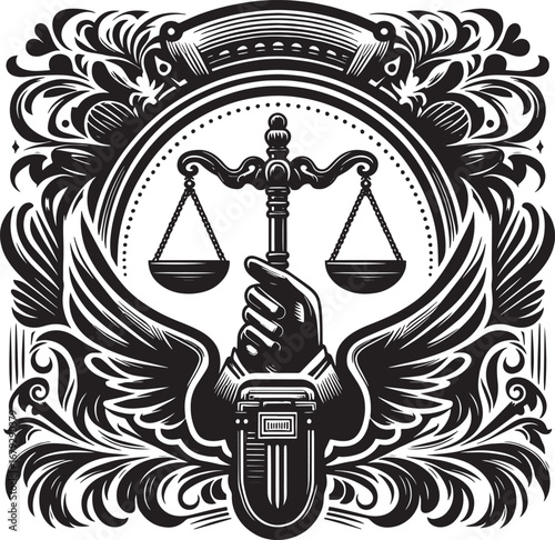 Intricate Black and White Illustration of Justice Scale, Law and Legal Symbol, Emblem Design