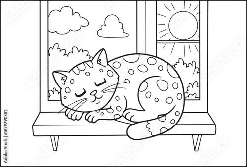 Cozy Cat Nap: A Black and White Illustration of a Sleeping Felin