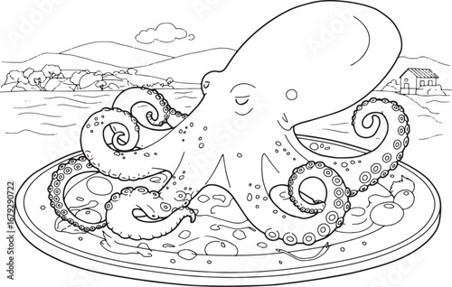 Stylized Octopus on Plate with Scenic Background Line Art Illust