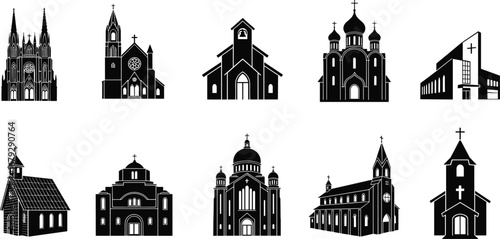 Set of church silhouette vector illustrations, gothic and modern architecture styles, Christian buildings, religious places of worship, isolated black icons