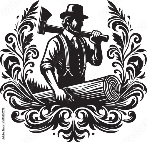 Black and white illustration of a lumberjack with an axe and a tree trunk in a decorative frame