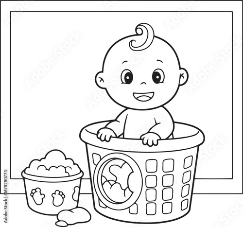 Adorable baby sitting in a laundry basket outline drawing for co