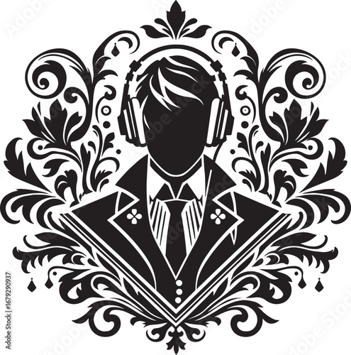 Elegant Silhouette of a Person Wearing Headphones within a Decorative Floral Design