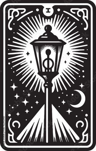 Intricate Black and White Illustration of a Lantern Shining Amidst Stars and Crescent Moon