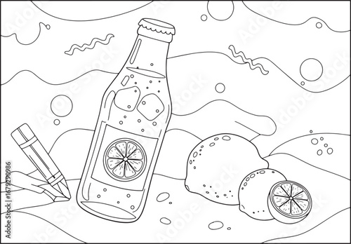 Lemon Lime Soda Bottle with Citrus Fruit, Ice Cubes and Pencil C