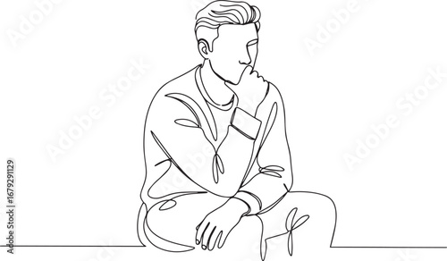 Minimalist Line Art Depiction of a Man Seated in Thoughtful Cont