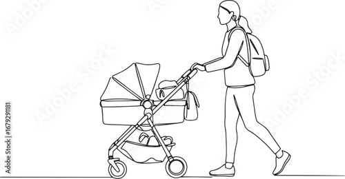 Single line drawing of woman with backpack pushing baby stroller