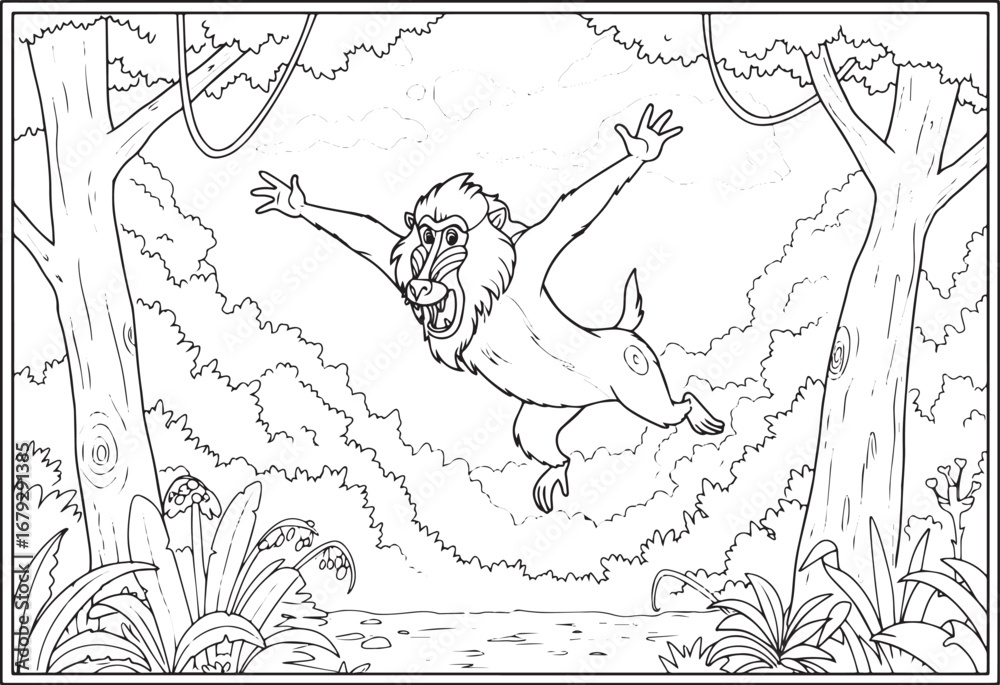Obraz premium Cartoon drawing of a baboon in a jungle environment for coloring