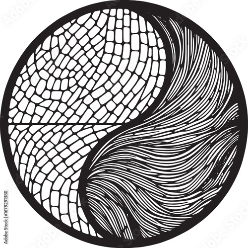 Black and white Yin Yang symbol with intricate patterns representing balance and harmony