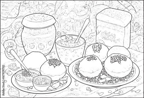 Detailed line art showcasing an assortment of Indian street food