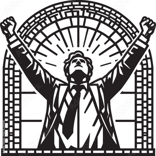 Illustration of a man with raised arms representing success, achievement, and triumph inside a