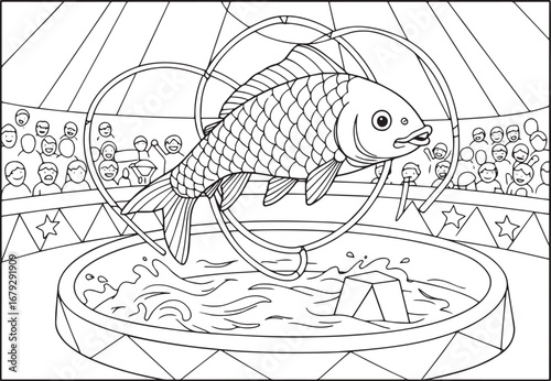 Line art illustration of a circus fish jumping through hoops in