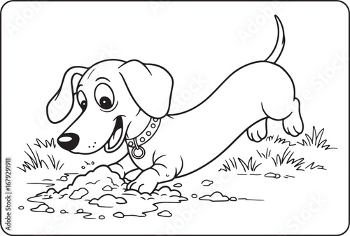 Cartoon Dachshund Dog Digging a Hole - Black and White Outline C