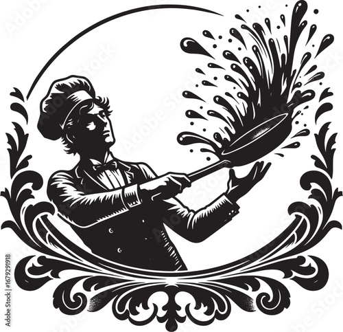 Illustration of a chef tossing food in a pan, inside an elegant, decorative circular frame