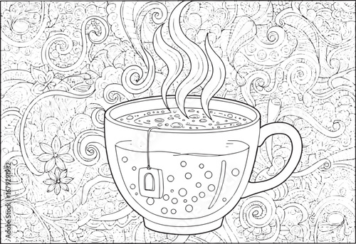 Detailed illustration of a cup of tea with swirling vapor and ab