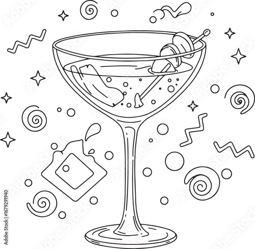Elegant sidecar cocktail illustration with playful decorative el