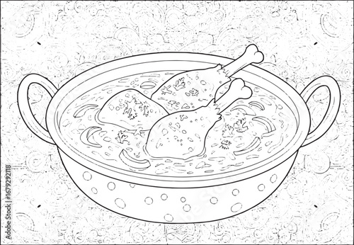 Elaborate monochrome drawing featuring a pot of Pakistani chicke