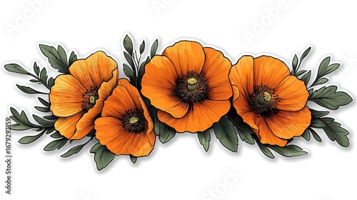 Cute Watercolor California Poppy Sticker - Vector Contour, White Background High Resolution