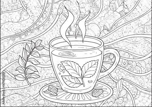 Intricate herbal tea coloring page with zen art background, a re
