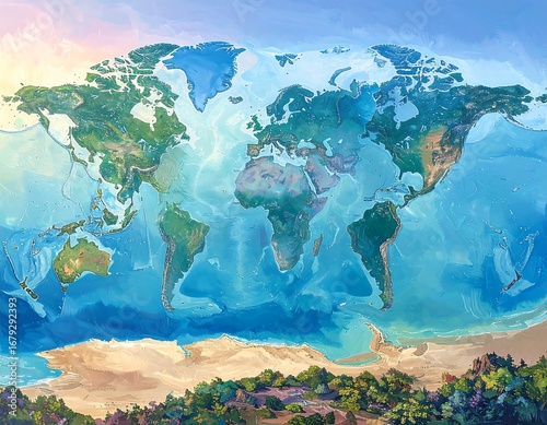 A detailed world map, vibrant with shades of blue, green, and brown, showcases continents and oceans in a painterly style, evoking a sense of global exploration.