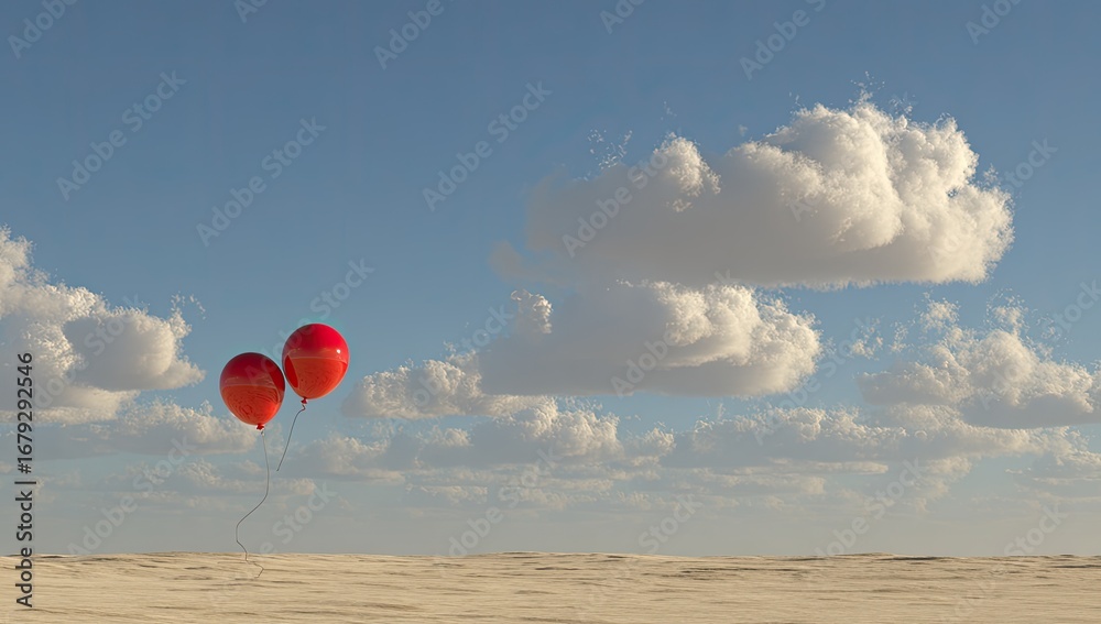 Fototapeta premium Two red balloons floating over a desert landscape
