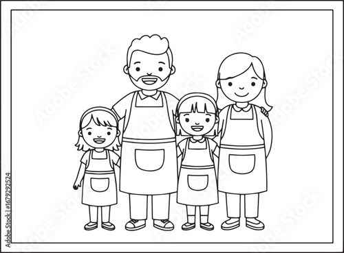 Delightful monochrome illustration depicting a family wearing ma