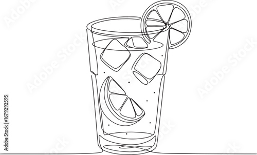 Minimalist line art of refreshing lemon lime soda with ice and c