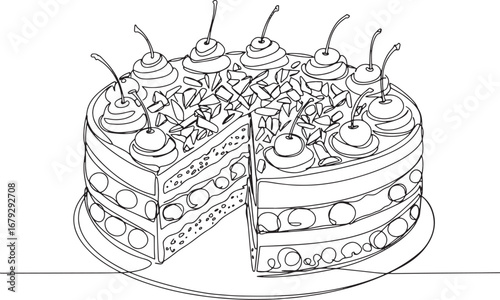 Elegant black forest cake illustration with delicate cherry garn