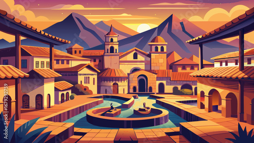 In Cusco, Peru, Inca stone foundations meet colonial plazas, arcaded streets, and ornate churches. Terracotta roofs, carved doorways, evening glow; semi-realistic flat vector emphasizing geometry, tex