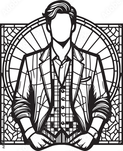 Elegant Retro Illustration of a Stylish Man in a Suit with Decorative Geometric Background