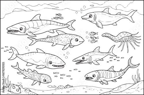 Line art illustration showcasing a variety of prehistoric fish i