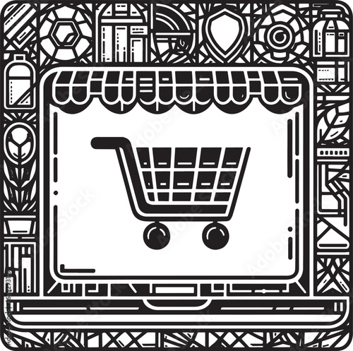 Online shopping concept: laptop screen with shopping cart icon in a detailed vector illustration