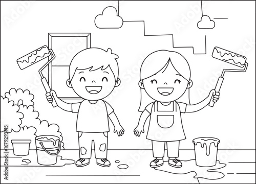 Line art of children with paint rollers ready for a fun DIY proj