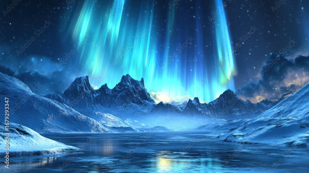 Naklejka premium Frozen landscape with aurora borealis