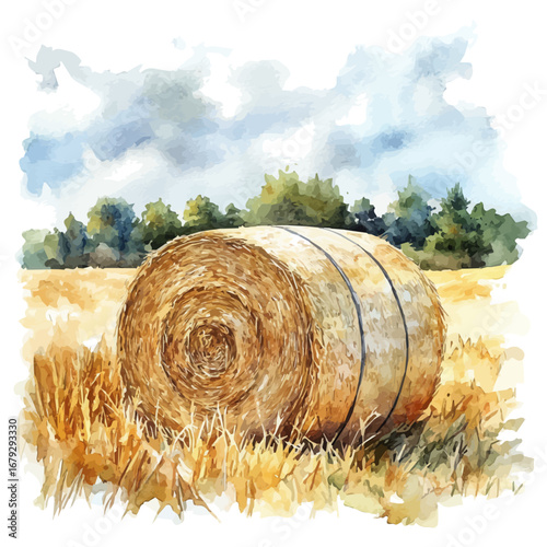 Hay Bale Rustic Farm, watercolor vector, isolated on a white background.