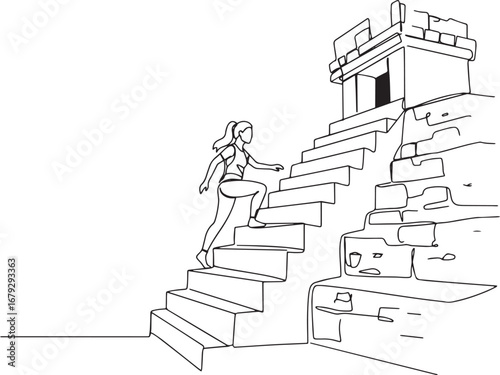 Woman Climbs Ancient Temple Steps in Single Continuous Line Draw