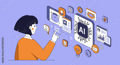 Illustration of a woman interacting with artificial intelligence interface technology