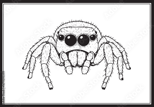 Black and white vector illustration of a cute jumping spider wit