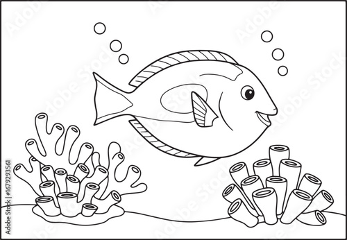 Black and white illustration of a happy fish swimming near coral