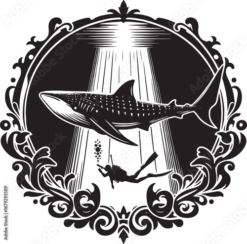 Whale shark and diver illustration within a decorative frame in black and white