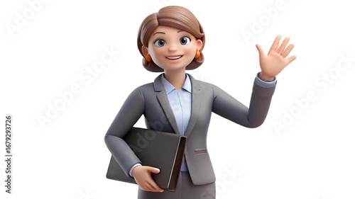 A cartoon businesswoman in a grey suit waves hello while holding a dark grey folder.