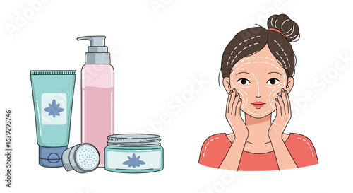Illustrative skincare routine featuring a woman applying product with skincare set