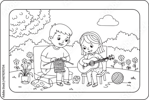 Delightful cartoon scene of a couple enjoying creative hobbies i