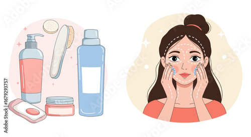 Illustrative skincare routine featuring a woman washing her face and beauty products