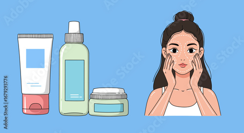 Woman applying skincare products on her face, showcasing beauty and wellness routine