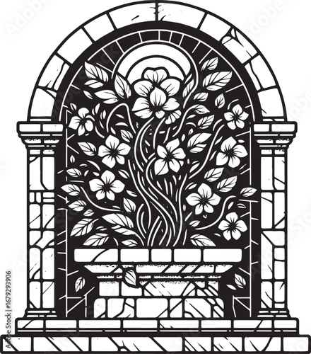 Elegant black and white floral illustration in a gothic arch window design for art