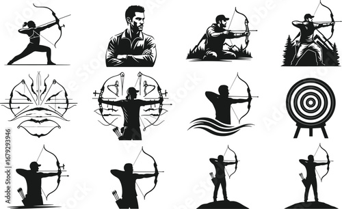 Silhouette archers in dynamic poses aiming bows and arrows, archery target, modern and traditional bows, hunting and sport archery scenes, focused athletes.
