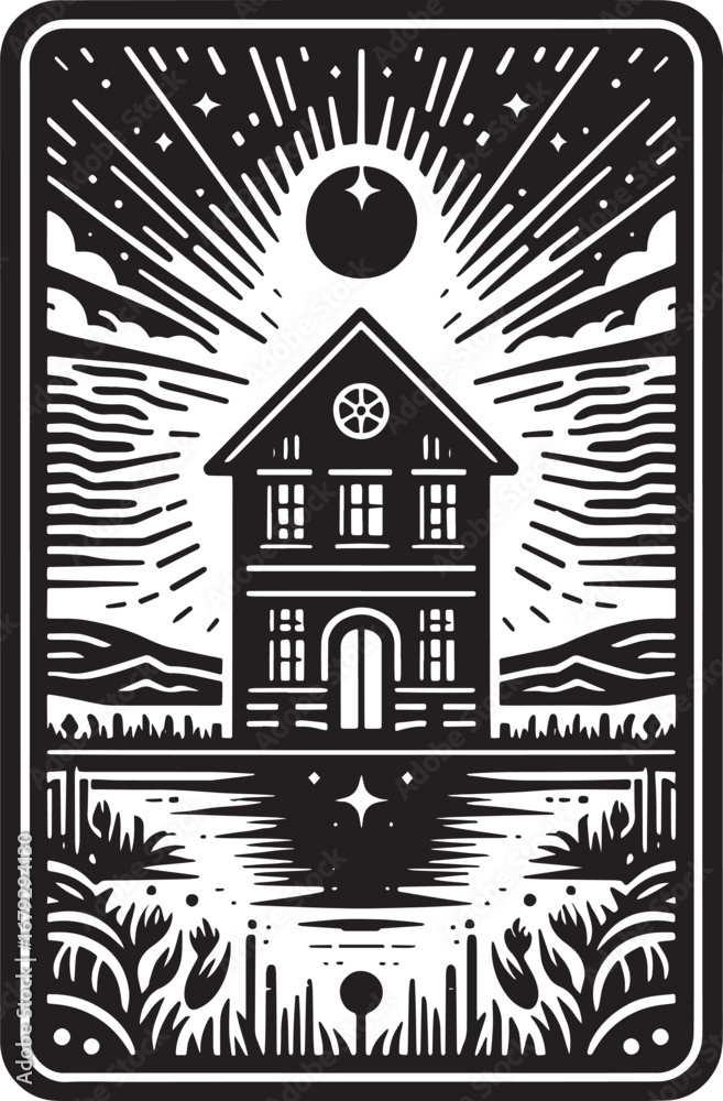Naklejka premium Black and White Illustration of a House with a Shining Sun and Surrounding Landscape